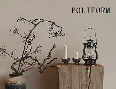 Decorative Black Branch In Clay Vase On Wooden Stump With Lantern And Candles Poliform 3d model