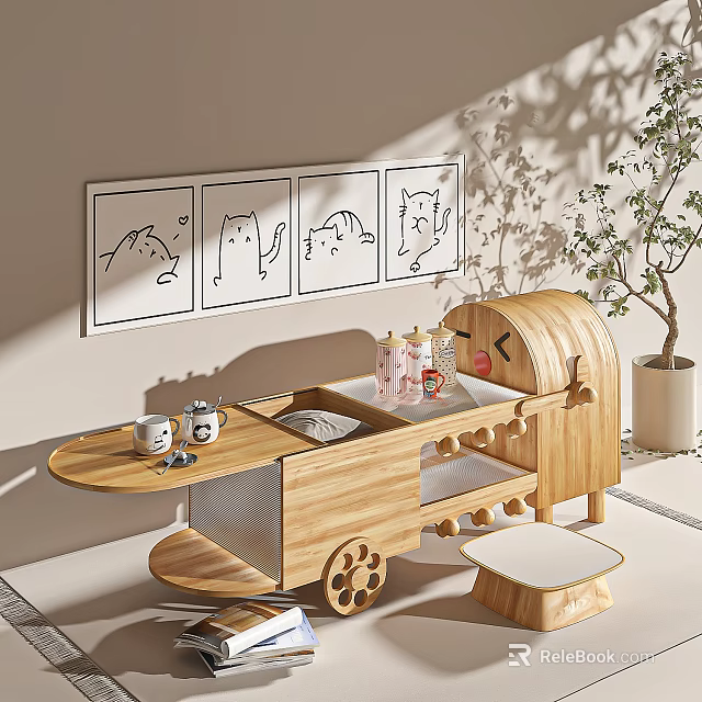 Wooden Train Shaped Coffee Table With Wheels Stool Cat Wall Art And Green Plant Decor 3d model 