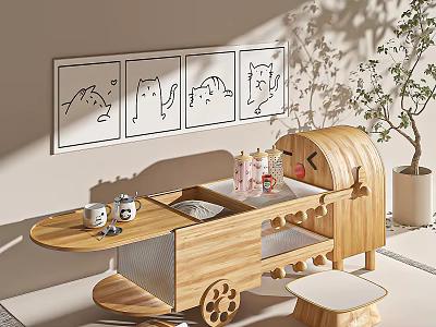 Wooden Train Shaped Coffee Table With Wheels Stool Cat Wall Art And Green Plant Decor 3d model