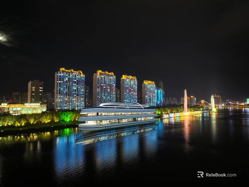 Night View of River Scenery with Illuminated High-Rise Buildings and Cruise Ship Reflecting on Water 3d model 