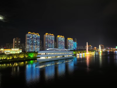 Night View of River Scenery with Illuminated High-Rise Buildings and Cruise Ship Reflecting on Water 3d model