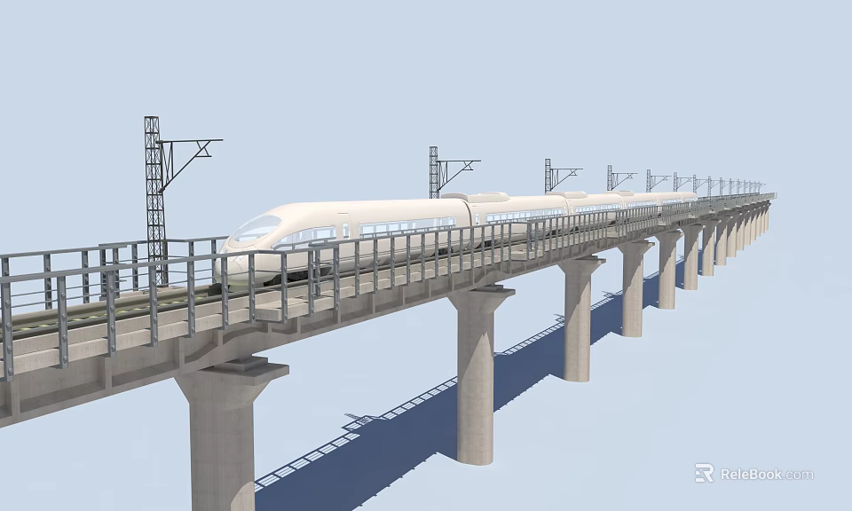 High-Speed Railway Road Facilities With Viaduct Concrete Piers Electric Poles And High-Speed Train 3d model 