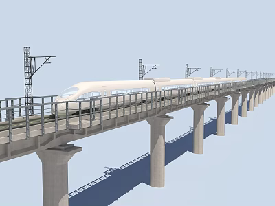 High-Speed Railway Road Facilities With Viaduct Concrete Piers Electric Poles And High-Speed Train 3d model