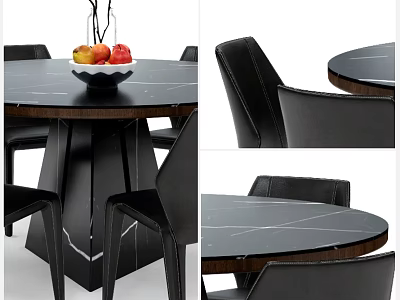 Round Marble Dining Table Set With Black Leather Chairs And Fruit Bowl 3d model
