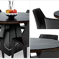 Round Marble Dining Table Set With Black Leather Chairs And Fruit Bowl