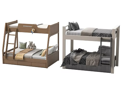 Stylish Bunk Beds With Brown Gray Design Ladder Pillows Stuffed Toy Quilt and Storage Cabinet 3d model