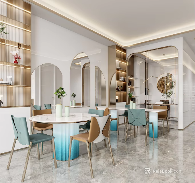 Elegant Beauty Hair Salon Interior With Modern Mirrors Stylish Chairs And Decorative Plants 3d model 