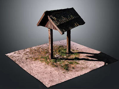 Rustic Wooden Shelter With Sloped Roof And Wooden Posts On Sandy Ground 3d model