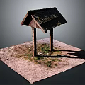 Rustic Wooden Shelter With Sloped Roof And Wooden Posts On Sandy Ground