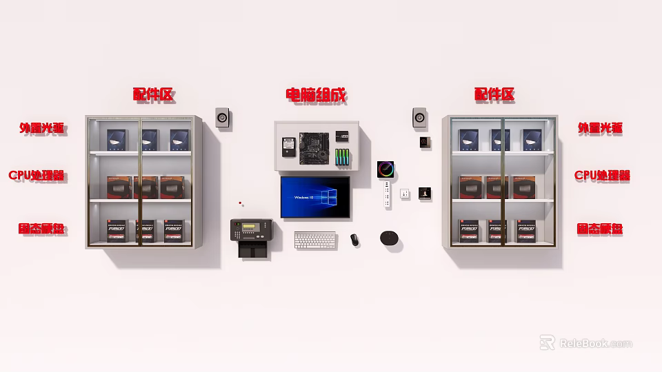 Computer Assembly Area With Components Monitor Keyboard Mouse Accessories And Storage 3d model 