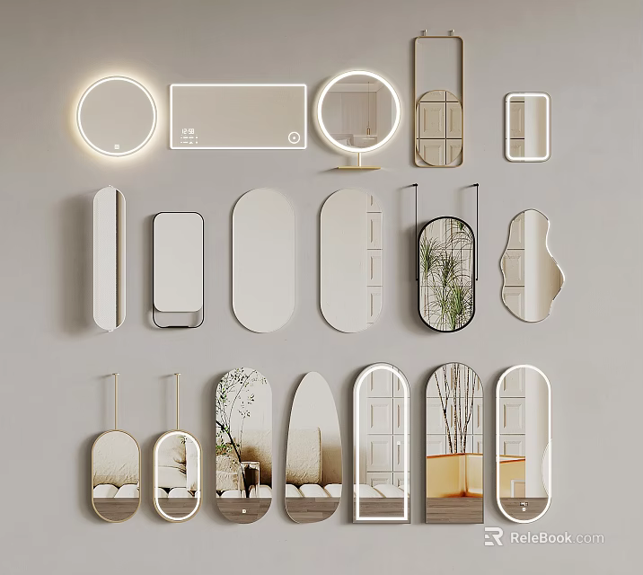 Assorted Decorative Mirrors With Various Shapes Lighted Frames And Plant Accents 3d model