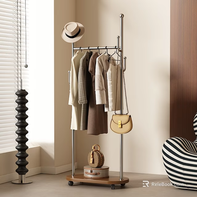 Stylish Clothes Hanging On Metal Rack With Hat Handbag Striped Chair And Decorative Column 3d model 