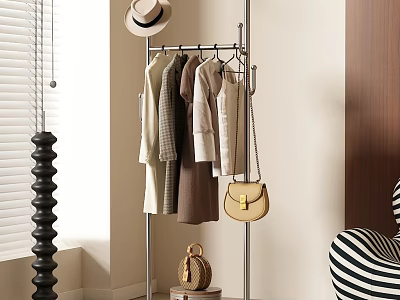 Stylish Clothes Hanging On Metal Rack With Hat Handbag Striped Chair And Decorative Column 3d model