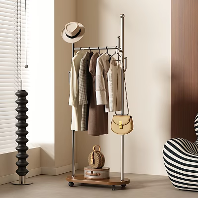 Stylish Clothes Hanging On Metal Rack With Hat Handbag Striped Chair And Decorative Column 3d model