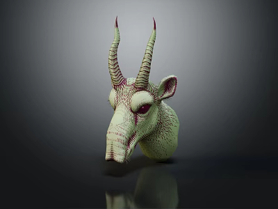 Green Fantasy Creature Head Sculpture With Red Spiral Horns And Purple Red Stripes 3d model