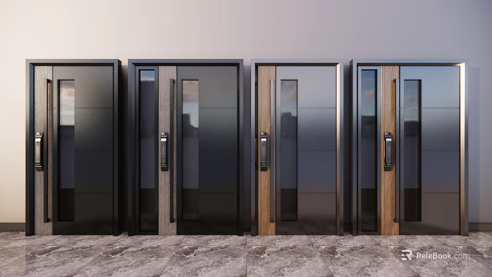 Modern Security Doors With Black Metal Frames Wooden Accents And Glass Panels 3d model 
