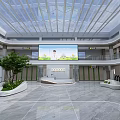 Modern Lobby With Glass Ceiling Large Screen Green Plants And Marble Floor