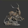 Bronze Deer Sculpture In Leaping Pose With Detailed Base And Metallic Finish