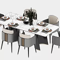 Elegant Dining Table Set With Marble Top Gray Upholstered Chairs Tableware And Potted Plant 3d model