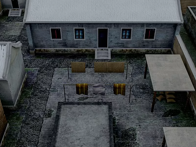 Traditional Courtyard With Gray Brick Houses Woven Chairs And Stone Paved Ground 3d model