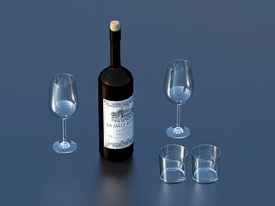 Labeled Wine Bottle With Tall Wine Glasses And Short Drinking Cups On Dark Blue Background 3d model