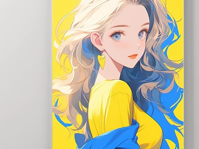 Anime Style Character Illustration With Blonde Hair Blue Eyes Yellow Top And Blue Shawl 3d model