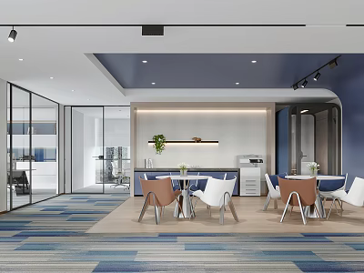 Modern Lounge Area Interior With Open Layout Colorful Chairs Tables Green Plant And Striped Carpet 3d model