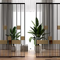 Modern Room Divider With Black Frame Vertical Striped Glass And Round Handle