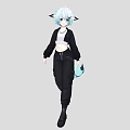 Woman with blue hair and animal ears in black cardigan white crop top black pants