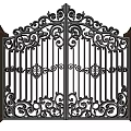 Classic Black Iron Gate With Ornate Design And Stone Pillars On Both Sides
