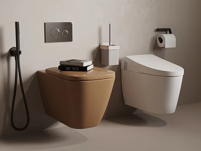Modern Wall Mounted Brown and White Toilets with Toilet Paper Holder and Brush Holder 3d model