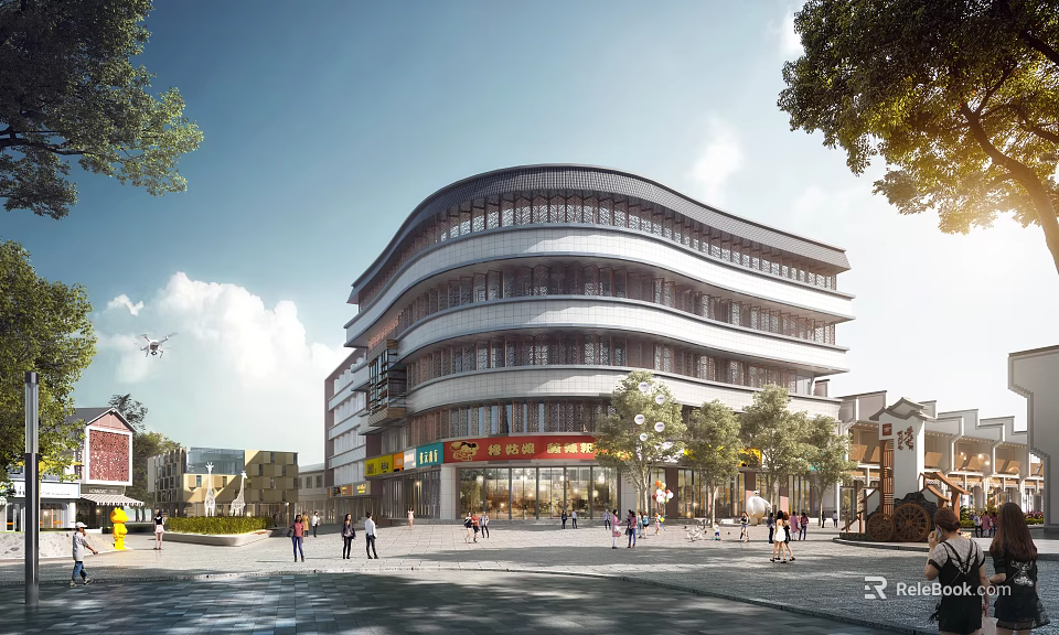 Modern Multi Story Commercial Street with Shops Pedestrians Trees and Sunlight 3d model 