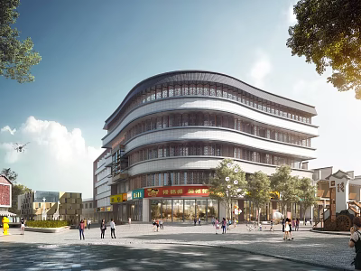 Modern Multi Story Commercial Street with Shops Pedestrians Trees and Sunlight 3d model