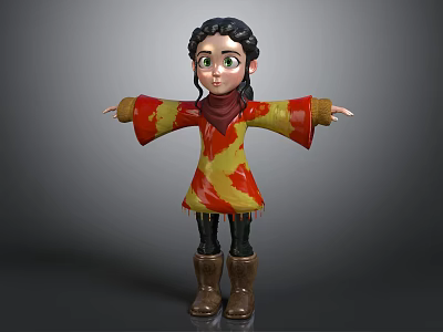 3D Girl Character With Braided Hair Green Eyes Red Yellow Robe And Brown Boots 3d model