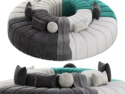 Modern Circular Sectional Sofa With Gray White Teal Plush Cushions And Throw Blanket 3d model