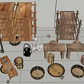 Rustic Wooden Shelving Units With Woven Baskets And Small Storage Items 3d model