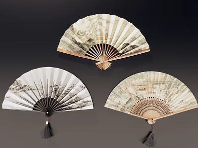 Decorative Fan Pendants with Traditional Landscape Painting Designs and Tassels 3d model