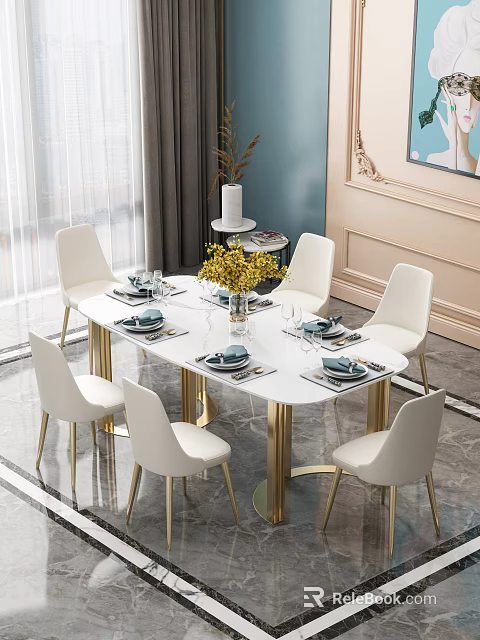 Modern White Dining Table Set With Six White Chairs And Yellow Flowers Centerpiece 3d model 