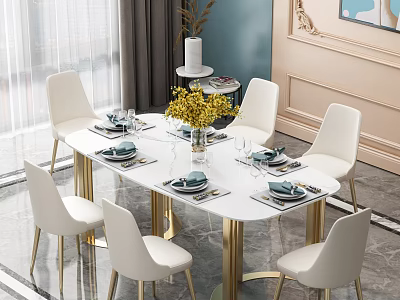 Modern White Dining Table Set With Six White Chairs And Yellow Flowers Centerpiece 3d model
