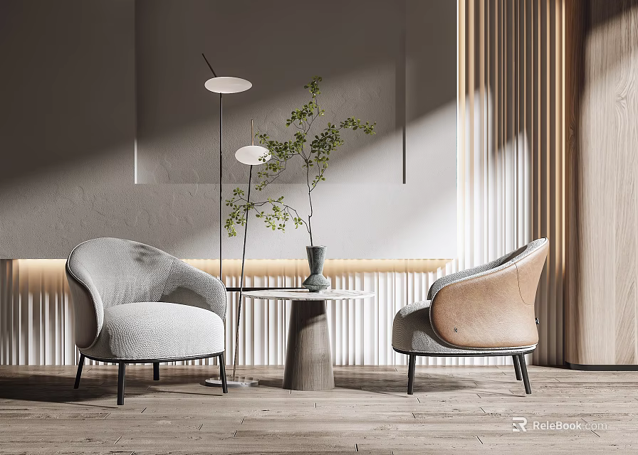 Modern Casual Sofa Set with Light Gray Light Brown Chairs Small Round Table Green Plants 3d model 