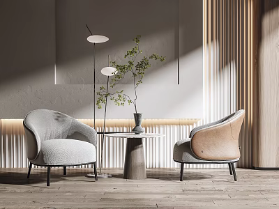 Modern Casual Sofa Set with Light Gray Light Brown Chairs Small Round Table Green Plants 3d model