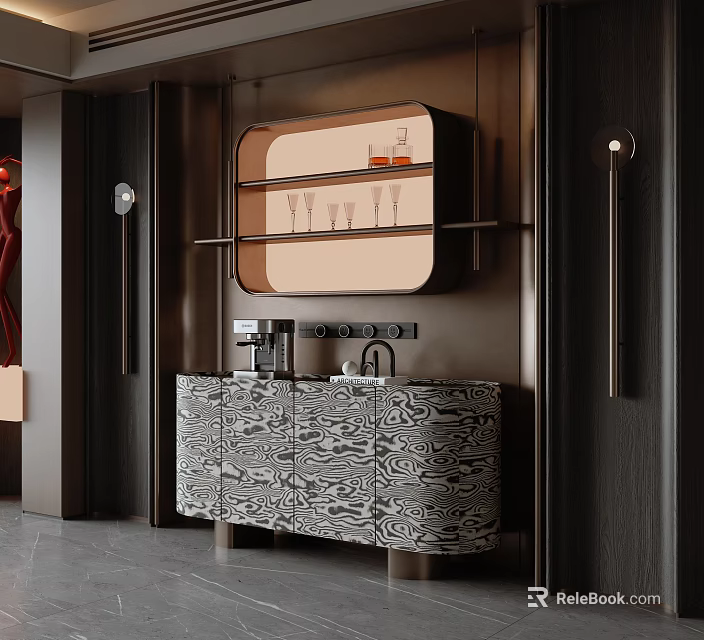Modern Luxury Sideboard With Marble Pattern Open Shelf And Wine Glasses 3d model 