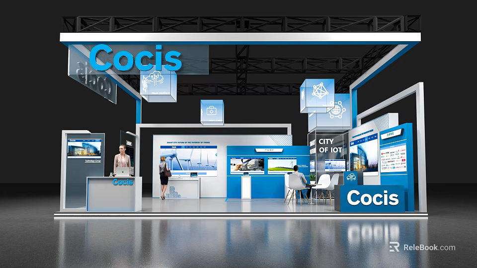 Cocis Exhibition Booth With Modern Blue Design Displays And Reception Area 3d model 