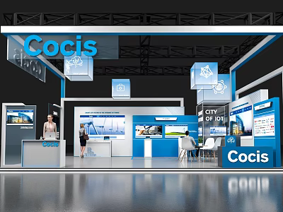 Cocis Exhibition Booth With Modern Blue Design Displays And Reception Area 3d model
