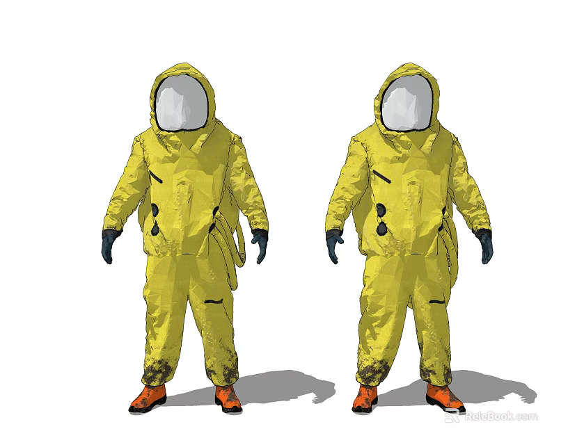 Yellow Hooded Protective Suit With Face Shield Gloves And Boots 3d model 