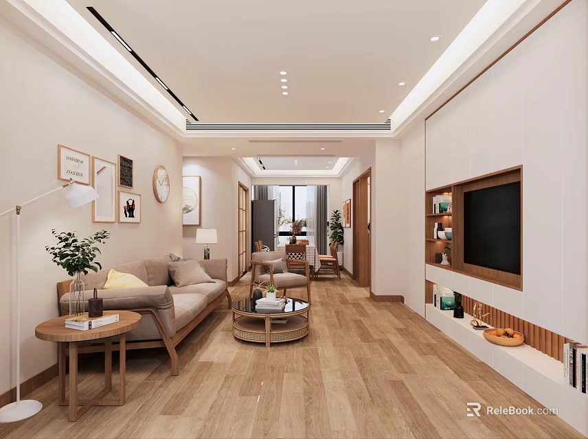 Modern Living Dining Room Interior With Sofa Coffee Table TV And Decorative Paintings 3d model 