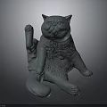 3D Gray Cat Sculpture Sitting Position With Detailed Fur And Paws