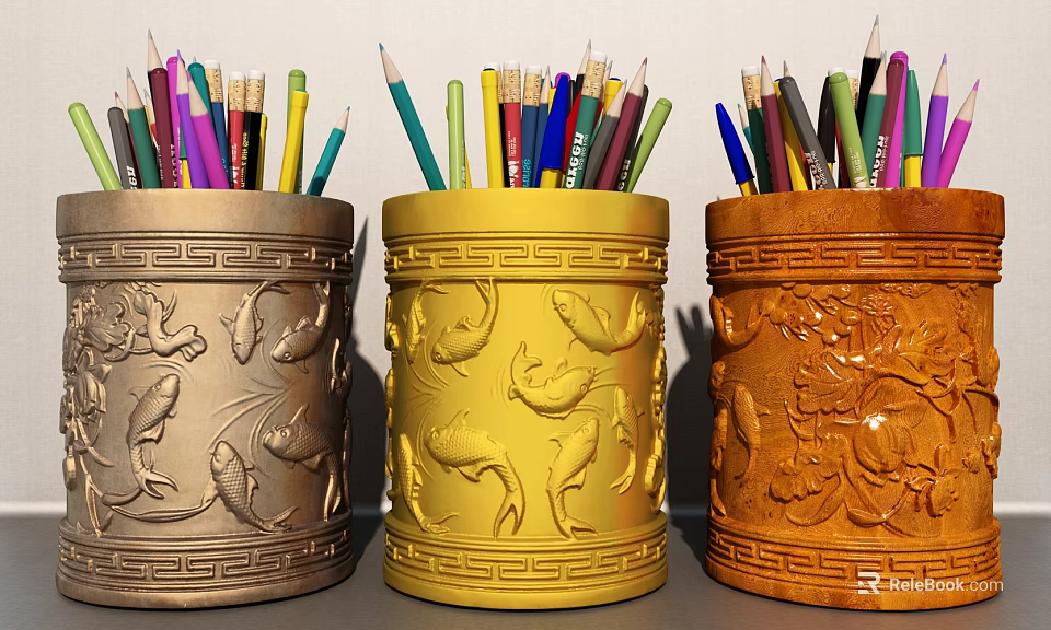 Decorative Pencil Holders with Carved Patterns Gold Silver and Brown Filled with Colorful Pencils 3d model 