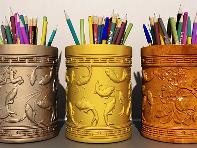 Decorative Pencil Holders with Carved Patterns Gold Silver and Brown Filled with Colorful Pencils 3d model