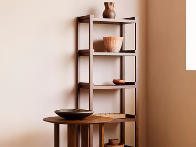 Minimalist Wooden Shelf with Decorative Clay Vase and Wooden Bowl in Light Beige Living Room 3d model